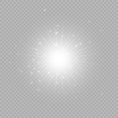 Lens fişeklerinin ışık etkisi. Gri şeffaf bir arka planda parıltılı beyaz parlayan ışıklar yıldız patlaması efektleri. Vektör illüstrasyonu