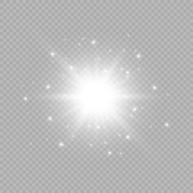 Lens fişeklerinin ışık etkisi. Gri şeffaf bir arka planda parıltılı beyaz parlayan ışıklar yıldız patlaması efektleri. Vektör illüstrasyonu