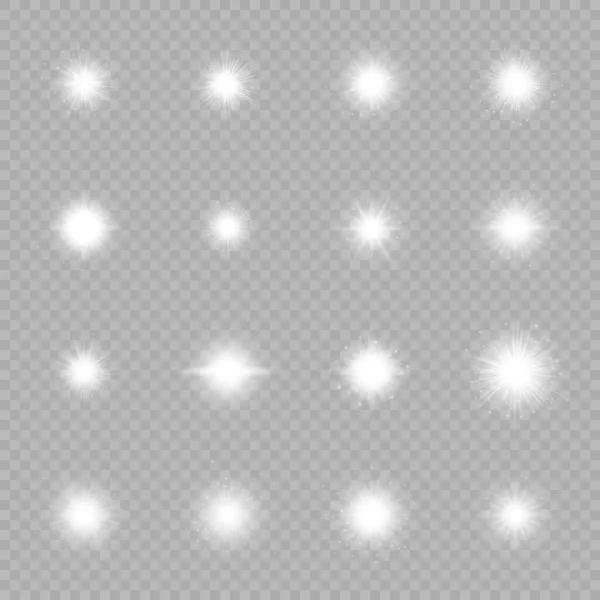 Light Effect Lens Flares Set Sixteen White Glowing Lights Starburst — Stock Vector