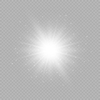 Lens fişeklerinin ışık etkisi. Gri şeffaf bir arka planda parıltılı beyaz parlayan ışıklar yıldız patlaması efektleri. Vektör illüstrasyonu