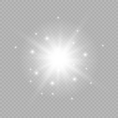 Lens fişeklerinin ışık etkisi. Gri şeffaf bir arka planda parıltılı beyaz parlayan ışıklar yıldız patlaması efektleri. Vektör illüstrasyonu
