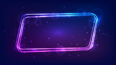 Neon yuvarlak paralelkenarlı çerçeve, parlak efektler ve koyu arkaplanda parıltılar. Boş parlayan tekno fon. Vektör illüstrasyonu