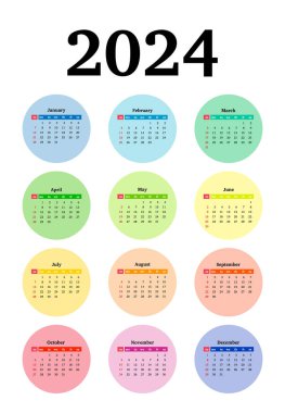 2024 takvimi beyaz arka planda izole edildi. Pazardan pazartesiye, iş planı. Vektör illüstrasyonu