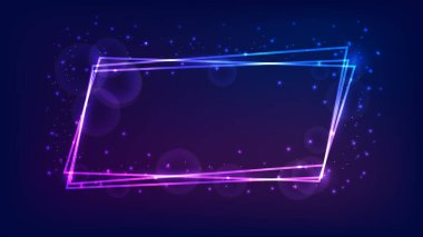 Parlak efektli neon çerçeve ve karanlık arka planda parıltılar. Boş parlayan tekno fon. Vektör illüstrasyonu