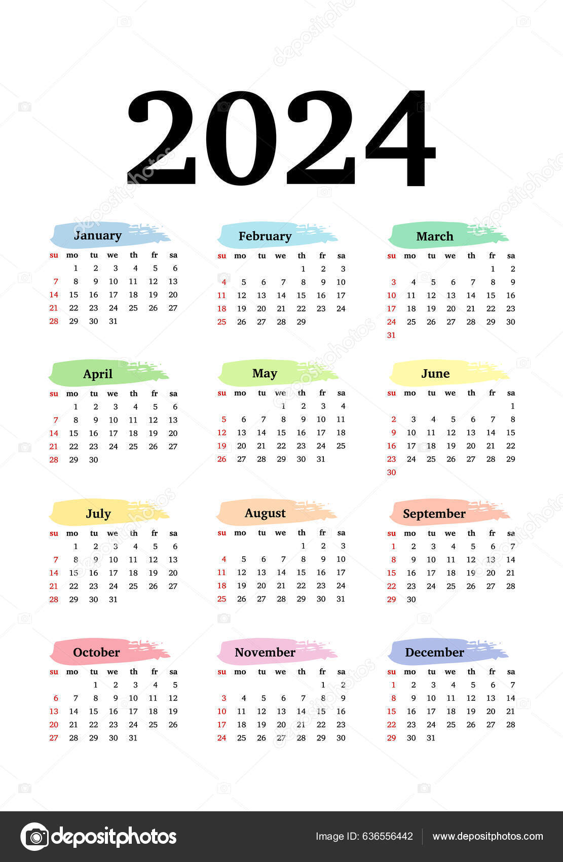 Calendar 2024 Isolated White Background Sunday Monday Business Template