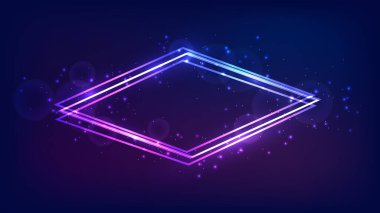 Neon eşkenar dörtgen çerçeve, parlak efektler ve koyu arkaplanda parıltılar. Boş parlayan tekno fon. Vektör illüstrasyonu