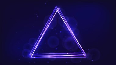 Parlak efektleri ve koyu arkaplanda parıltıları olan neon üçgen çerçeve. Boş parlayan tekno fon. Vektör illüstrasyonu