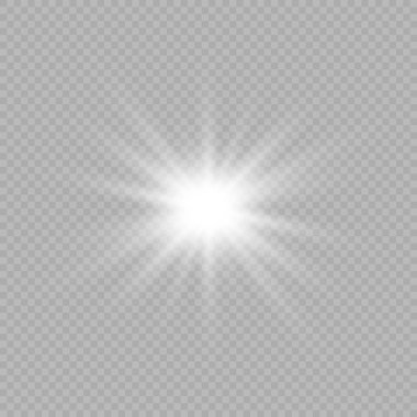 Lens fişeklerinin ışık etkisi. Gri şeffaf bir arka planda parıltılı beyaz parlayan ışıklar yıldız patlaması efektleri. Vektör illüstrasyonu