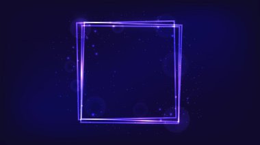 Parlak efektleri ve koyu arkaplanda parıltıları olan neon kare çerçeve. Boş parlayan tekno fon. Vektör illüstrasyonu
