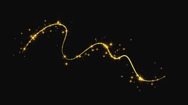 Altın parıldayan konfeti dalgası ve yıldız tozu. Koyu arkaplanda altın sihirli parıltılar. Vektör illüstrasyonu