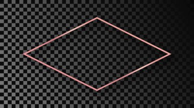 Rose gold glowing rhombus shape frame with shadow isolated on dark transparent background. Shiny frame with glowing effects. Vector illustration