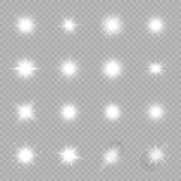 镜头照明弹的光效 一组16个白炽灯的星暴效果与闪光在灰色透明的背景 矢量说明 — 图库矢量图片
