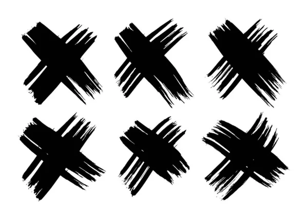 Hand Drawn Brush Cross Symbol Set Six Black Sketch Cross — Stockvector