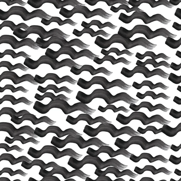 Seamless Pattern Black Wavy Grunge Brush Strokes Abstract Shapes White — стоковый вектор