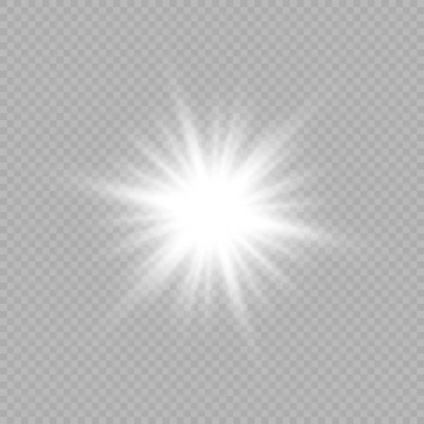レンズフレアの光効果 白色の輝くライトは 灰色の透明な背景に輝きとバースト効果を開始します ベクターイラスト — ストックベクタ