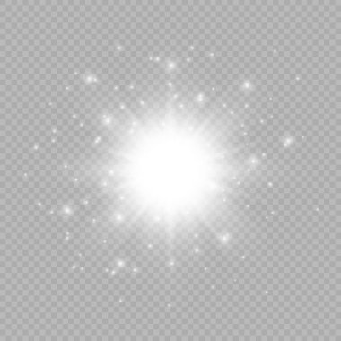 Lens fişeklerinin ışık etkisi. Gri şeffaf bir arka planda parıltılı beyaz parlayan ışıklar yıldız patlaması efektleri. Vektör illüstrasyonu