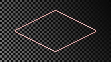 Rose gold glowing rounded rhombus shape frame isolated on dark transparent background. Shiny frame with glowing effects. Vector illustration