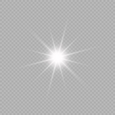 Lens fişeklerinin ışık etkisi. Gri şeffaf bir arka planda parıltılı beyaz parlayan ışıklar yıldız patlaması efektleri. Vektör illüstrasyonu