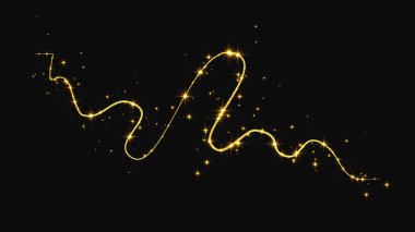 Altın parıldayan konfeti dalgası ve yıldız tozu. Koyu arkaplanda altın sihirli parıltılar. Vektör illüstrasyonu