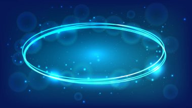 Parlak efektleri ve koyu arkaplanda parıltıları olan neon oval çerçeve. Boş parlayan tekno fon. Vektör illüstrasyonu