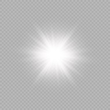 Lens fişeklerinin ışık etkisi. Gri şeffaf bir arka planda parıltılı beyaz parlayan ışıklar yıldız patlaması efektleri. Vektör illüstrasyonu
