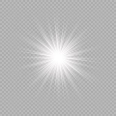 Lens fişeklerinin ışık etkisi. Gri şeffaf bir arka planda parıltılı beyaz parlayan ışıklar yıldız patlaması efektleri. Vektör illüstrasyonu