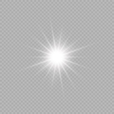 Lens fişeklerinin ışık etkisi. Gri şeffaf bir arka planda parıltılı beyaz parlayan ışıklar yıldız patlaması efektleri. Vektör illüstrasyonu