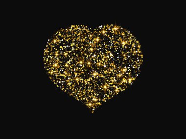 Koyu arkaplanda parıltılı ve parlak efektli altın parıltılı bir kalp. Aşkın sembolü. Vektör illüstrasyonu
