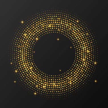 Soyut altın parlayan yarım tonlu noktalı arkaplan. Daire şeklinde altın parıltı deseni. Yarım ton noktalarını çember yapın. Vektör illüstrasyonu