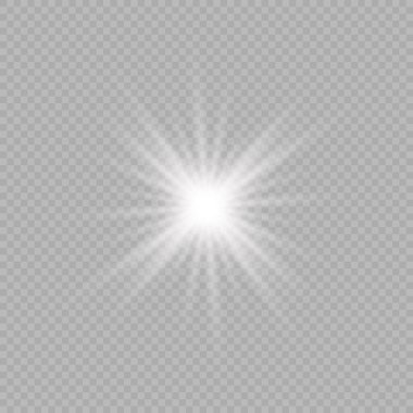Lens fişeklerinin ışık etkisi. Gri şeffaf bir arka planda parıltılı beyaz parlayan ışıklar yıldız patlaması efektleri. Vektör illüstrasyonu