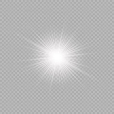 Lens fişeklerinin ışık etkisi. Gri şeffaf bir arka planda parıltılı beyaz parlayan ışıklar yıldız patlaması efektleri. Vektör illüstrasyonu