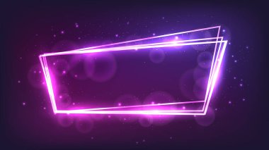 Parlak efektli neon çerçeve ve karanlık arka planda parıltılar. Boş parlayan tekno fon. Vektör illüstrasyonu
