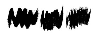 Üç adet siyah fırça darbesi. Beyaz arka planda elle çizilmiş mürekkep lekeleri var. Vektör illüstrasyonu