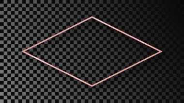 Rose gold glowing rhombus shape frame with shadow isolated on dark transparent background. Shiny frame with glowing effects. Vector illustration