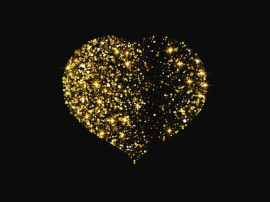 Koyu arkaplanda parıltılı ve parlak efektli altın parıltılı bir kalp. Aşkın sembolü. Vektör illüstrasyonu