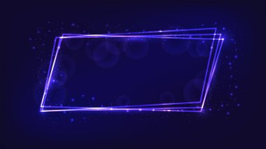 Parlak efektli neon çerçeve ve karanlık arka planda parıltılar. Boş parlayan tekno fon. Vektör illüstrasyonu