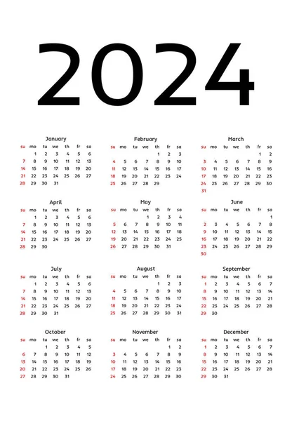Kalender 2024 Isolert Hvit Bakgrunn Søndag Til Mandag Forretningsmal Vektorillustrasjon – stockvektor