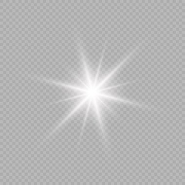 Lens fişeklerinin ışık etkisi. Gri şeffaf bir arka planda parıltılı beyaz parlayan ışıklar yıldız patlaması efektleri. Vektör illüstrasyonu