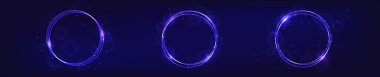 Set of three neon round frames with shining effects and sparkles on dark background. Empty glowing techno backdrop. Vector illustration