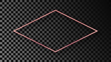 Rose gold glowing rhombus shape frame with shadow isolated on dark transparent background. Shiny frame with glowing effects. Vector illustration