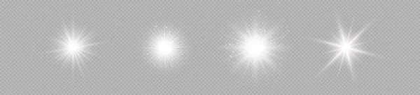 镜头照明弹的光效 一组四盏白色发光的灯在灰色透明的背景上闪烁着星星光效果 矢量说明 — 图库矢量图片