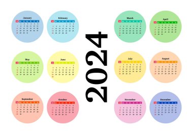 2024 takvimi beyaz arka planda izole edildi. Pazardan pazartesiye, iş planı. Vektör illüstrasyonu