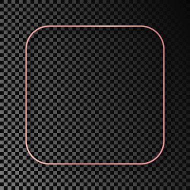 Rose gold glowing rounded square frame with shadow isolated on dark transparent background. Shiny frame with glowing effects. Vector illustration