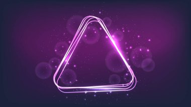 Neon yuvarlak üçgen çerçeve, parlak efektler ve koyu arkaplanda parıltılar. Boş parlayan tekno fon. Vektör illüstrasyonu
