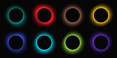 Circle illuminate frame with gradient. Set of eight round neon banners isolated on black background. Vector illustration