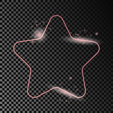 Rose gold glowing rounded star shape frame isolated on dark transparent background. Shiny frame with glowing effects. Vector illustration