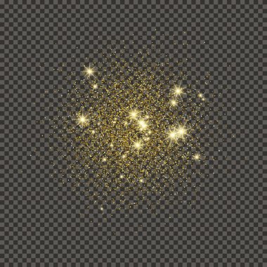 Gold glittering dust on a gray transparent background. Dust with gold glitter effect and empty space for your text.  Vector illustration