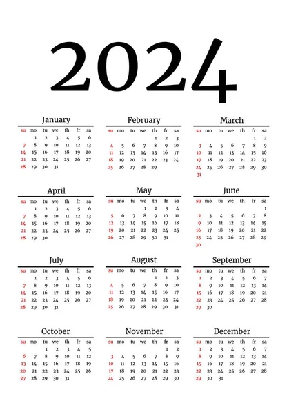 カレンダー2024白い背景に隔離されました 日曜日から月曜日 ビジネステンプレート ベクターイラスト — ストックベクタ