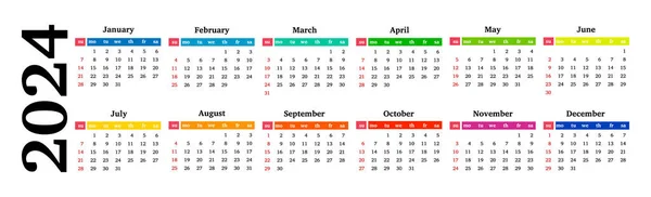 Horizontal Calendar 2024 Isolated White Background Sunday Monday Business Template — стоковый вектор