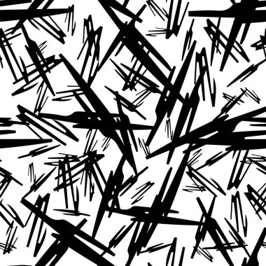 Beyaz arka planda soyut şekillerde siyah kalem fırça darbeleriyle kusursuz desen. Vektör illüstrasyonu